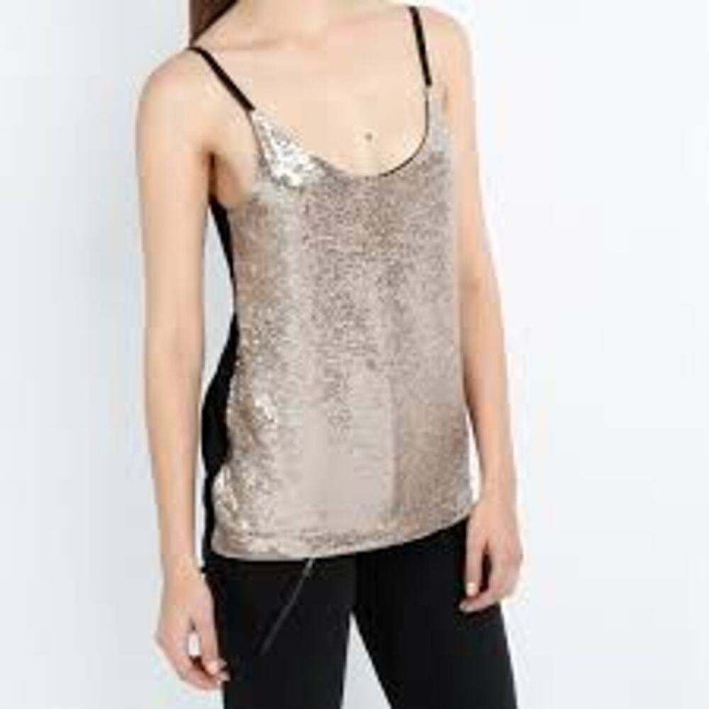 MAJE Debardeur de Paille Microsequin Gold Top w Lamb Leather Straps 3 Large L